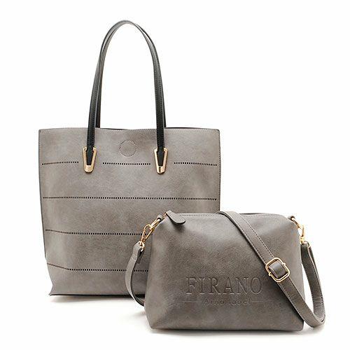 FIRANO-縷空皮革附斜背包2 WAY手提肩背包(深灰色)