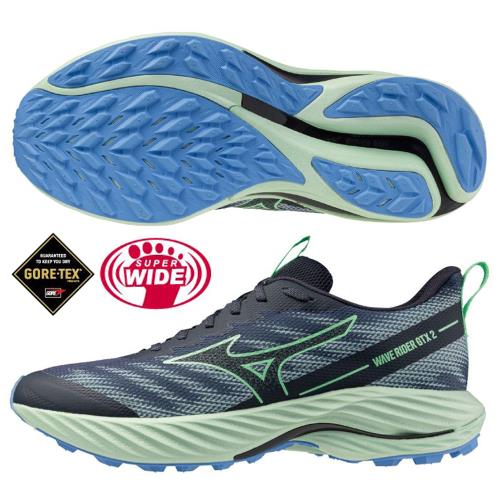 Mizuno 美津濃 慢跑鞋 男鞋 防水 4E超寬楦 WAVE RIDER GTX 2 GORE-TEX 藍綠【運動世界】J1GC248051