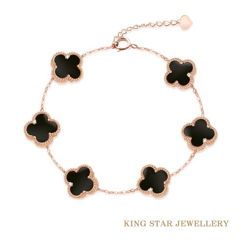 King Star 六片幸運草x瑪瑙18K 天然鑽石手鍊-黑