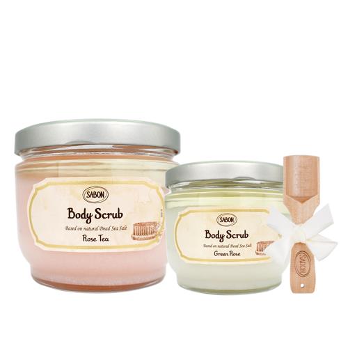 [香氛保養超值組]SABON 玫瑰茶語身體磨砂膏(600g)+以色列綠玫瑰身體磨砂膏(320g)+贈木匙
