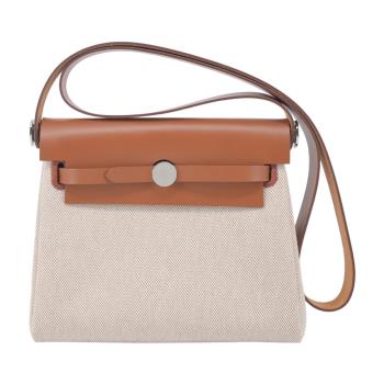Hermes 愛馬仕 Mini Herbag 20cm 帆布斜揹包(AA黃褐色/W刻/銀釦)