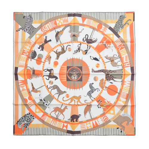 Hermes 愛馬仕 Le Carrousel du Tigre Royal 90 手工捲邊斜紋真絲方巾(柳橙/白咖啡/可可)