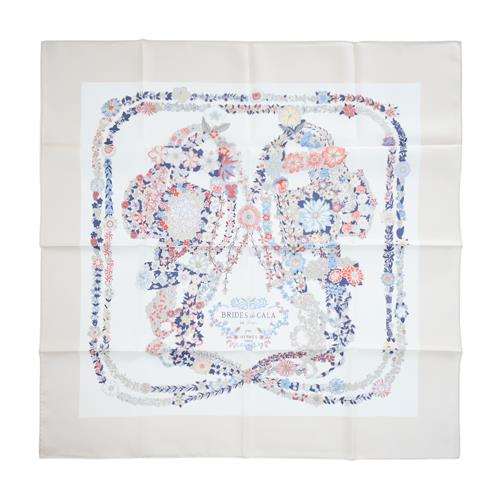 Hermes 愛馬仕 Brides de Gala en Fleurs 90 手工捲邊斜紋真絲方巾(沙色/白色/藍色)