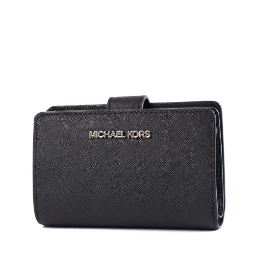 MICHAEL KORS 銀字LOGO素面防刮皮革釦式中夾-黑色