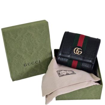 GUCCI 古馳 Ophidia GG經典織帶牛皮扣式零錢短夾.黑