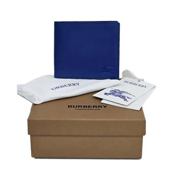 BURBERRY 巴寶莉 經典戰馬LOGO小牛皮雙層對折8卡短夾(寶藍)贈原廠紙袋紙盒防塵袋