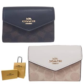 COACH 新款金屬LOGO皮革信封式卡夾 零錢鑰匙包 黑色拚深咖啡/米白拚奶茶
