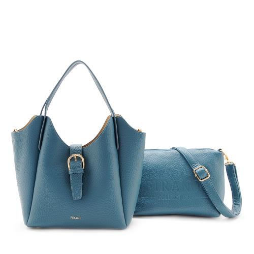 FIRANO-皮帶翻蓋手提包和單肩包子母包套裝組(土耳其藍)