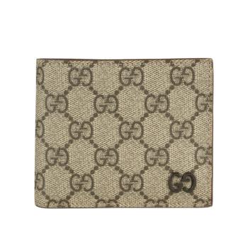 GUCCI 棕色GG Logo 塗層帆布對開8卡短夾(米色/烏木色)