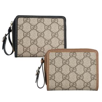 GUCCI GG Emblem 塗層帆布及皮革迷你拉鍊零錢袋短夾(任選) 819131 FAD6L
