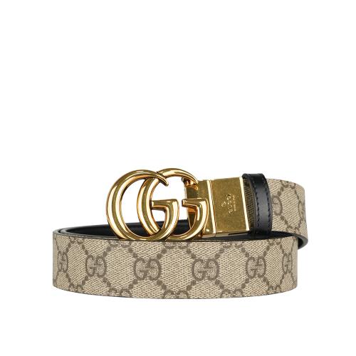 GUCCI 金色GG Logo 帆布及皮革雙面可用皮帶(米色/黑色)