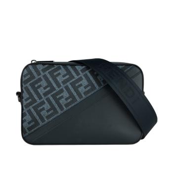 FENDI FF Logo 帆布拼牛皮相機斜揹包(牛仔藍)