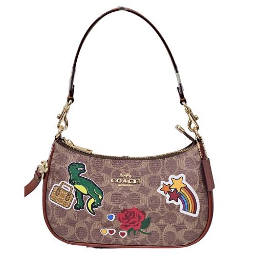 COACH 聯名款大款恐龍玫瑰圖騰PVC斜背肩背手提兩用包(紅棕色)