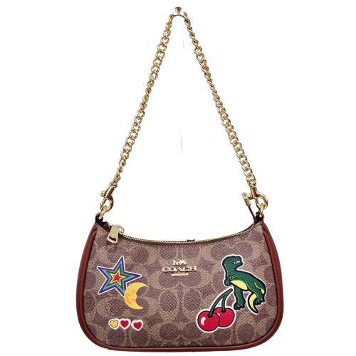COACH 聯名款小款恐龍櫻桃圖騰PVC斜背肩背手提兩用包(紅棕色)