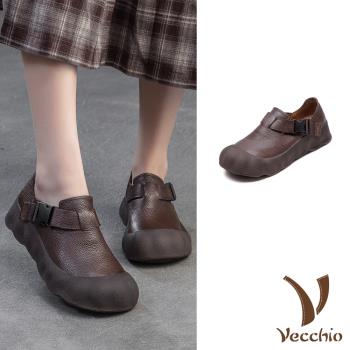 【VECCHIO】真皮皮帶釦厚底樂福鞋/真皮頭層牛皮復古皮帶釦飾造型餅乾厚底樂福鞋 女鞋 咖