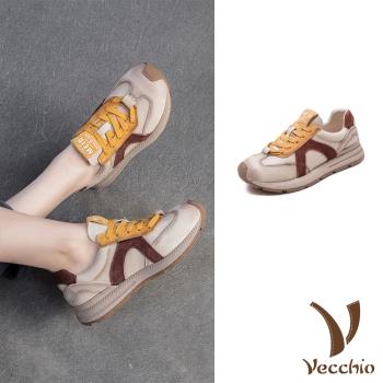 【VECCHIO】真皮彩色拼接休閒運動鞋/真皮頭層皮革彩色線條拼接復古休閒運動鞋 女鞋 黃