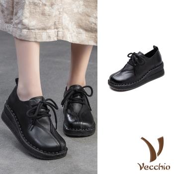 【VECCHIO】全真皮坡跟休閒牛津鞋/全真皮頭層牛皮復古繫帶坡跟休閒牛津鞋 女鞋 黑