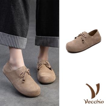【VECCHIO】翻絨牛皮兩穿平底休閒鞋/真皮翻絨牛皮復古小圓頭兩穿法平底休閒鞋 女鞋 杏