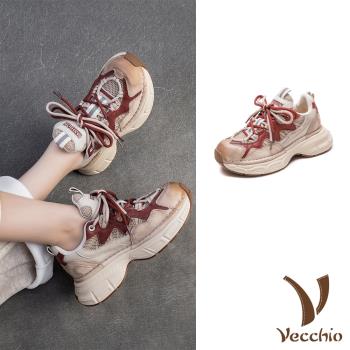 【VECCHIO】真皮撞色拼接厚底運動鞋/真皮頭層牛皮撞色流線網布拼接潮流厚底休閒運動鞋 女鞋 紅