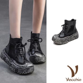 【VECCHIO】真皮網面擦黑厚底羅馬涼鞋/真皮頭層牛皮復古網面拼接擦黑厚底羅馬涼鞋 涼靴 女鞋 黑