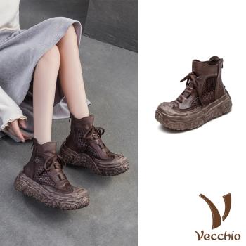 【VECCHIO】真皮網面擦黑厚底羅馬涼鞋/真皮頭層牛皮復古網面拼接擦黑厚底羅馬涼鞋 涼靴 女鞋 咖