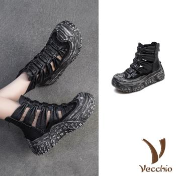 【VECCHIO】真皮線條擦黑厚底羅馬涼鞋/真皮頭層牛皮縷空線條擦黑厚底羅馬涼鞋 涼靴 女鞋 黑