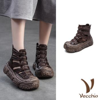 【VECCHIO】真皮線條擦黑厚底羅馬涼鞋/真皮頭層牛皮縷空線條擦黑厚底羅馬涼鞋 涼靴 女鞋 咖