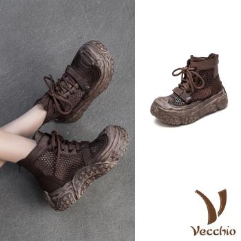 【VECCHIO】真皮網面擦黑厚底羅馬涼鞋/真皮頭層牛皮透氣網面繫帶擦黑厚底羅馬涼鞋 涼靴 女鞋 咖