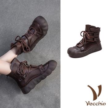 【VECCHIO】真皮繫帶網面厚底羅馬涼鞋/真皮頭層牛皮潮流復古繫帶網面拼接厚底羅馬涼鞋 涼靴 女鞋 咖