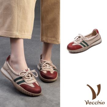 【VECCHIO】真皮撞色線條拼接平底休閒鞋/真皮頭層牛皮復古撞色線條拼接平底休閒鞋 女鞋 紅