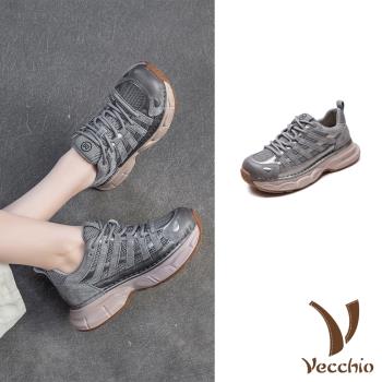 【VECCHIO】真皮透氣網布厚底休閒運動鞋/真皮頭層豚皮透氣網布拼接厚底休閒運動鞋 女鞋 灰