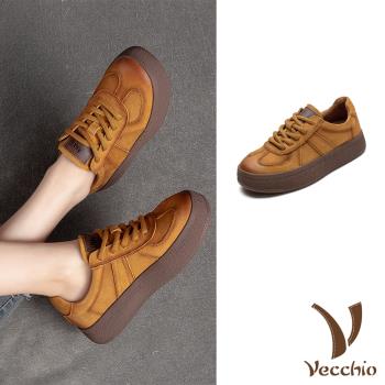 【VECCHIO】全真皮純色拼接厚底休閒鞋/全真皮頭層牛皮百搭純色拼接厚底休閒鞋 女鞋 黃