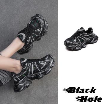 【BLACKHOLE】流線蕾絲厚底休閒運動鞋/潮流流線蕾絲拼接厚底個性休閒運動鞋 女鞋 黑