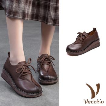 【VECCHIO】全真皮坡跟休閒牛津鞋/全真皮頭層牛皮復古繫帶坡跟休閒牛津鞋 女鞋 棕