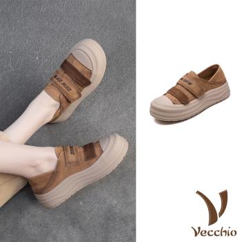 【VECCHIO】真皮兩穿魔鬼粘厚底休閒鞋/真皮頭層牛皮復古小圓頭兩穿法設計魔鬼粘厚底休閒鞋 女鞋 卡其