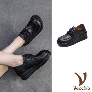 【VECCHIO】真皮兩穿坡跟厚底繫帶休閒鞋/真皮頭層牛皮兩穿法設計坡跟厚底繫帶休閒鞋 女鞋 黑