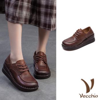 【VECCHIO】真皮兩穿坡跟厚底繫帶休閒鞋/真皮頭層牛皮兩穿法設計坡跟厚底繫帶休閒鞋 女鞋 棕