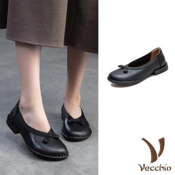 【VECCHIO】真皮滾邊蝴蝶結低跟鞋/真皮頭層牛皮小圓頭細緻滾邊蝴蝶結低跟鞋 女鞋 黑