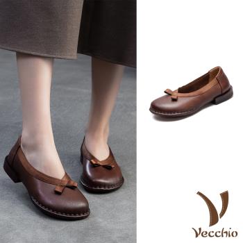 【VECCHIO】真皮滾邊蝴蝶結低跟鞋/真皮頭層牛皮小圓頭細緻滾邊蝴蝶結低跟鞋 女鞋 棕
