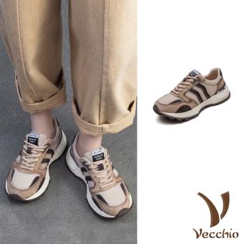 【VECCHIO】真皮透氣網面休閒鞋/真皮頭層牛皮透氣網面拼接復古經典休閒鞋 女鞋 卡其