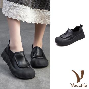 【VECCHIO】真皮餅乾厚底滾邊樂福鞋/真皮頭層牛皮餅乾厚底立體滾邊設計樂福鞋 女鞋 黑