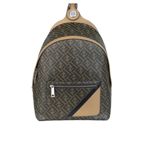 FENDI Diagonal 對角設計帆布及皮革中型拉鍊後背包(棕色)