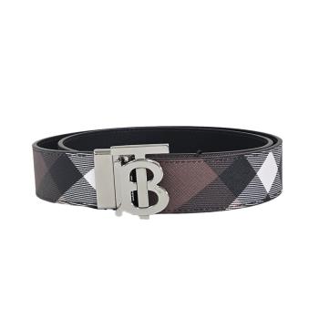 BURBERRY 經典銀色TB LOGO格紋雙面用皮帶(深樺木色/黑色)