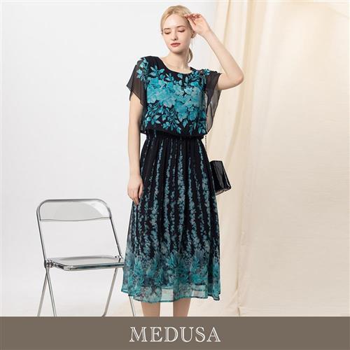 現貨【MEDUSA 曼度莎】浪漫花語藍黑層次感雪紡長洋裝（M-XL）｜飄逸長洋裝 雪紡洋裝 媽媽洋裝