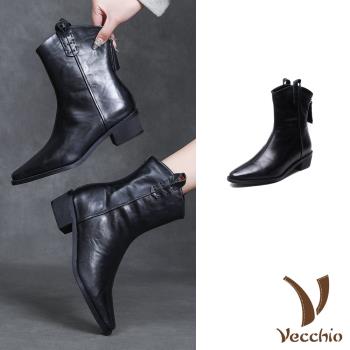 【VECCHIO】真皮法式優雅尖頭粗跟中筒靴/真皮頭層牛皮法式優雅尖頭粗跟中筒靴 女鞋 黑