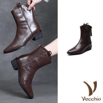 【VECCHIO】真皮法式優雅尖頭粗跟中筒靴/真皮頭層牛皮法式優雅尖頭粗跟中筒靴 女鞋 棕
