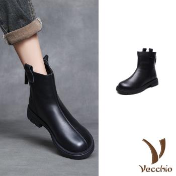 【VECCHIO】真皮純色英倫風機能短靴/真皮頭層牛皮經典純色英倫風保暖機能短靴 女鞋 黑