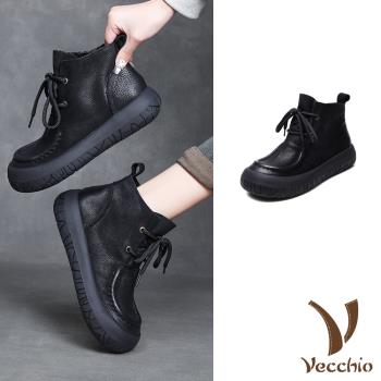 【VECCHIO】全真皮餅乾厚底短靴/全真皮頭層牛皮立體滾邊繫帶餅乾厚底休閒短靴 女鞋 黑