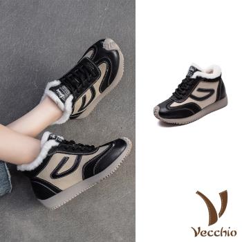 【VECCHIO】真皮短絨休閒平底運動鞋/真皮頭層牛皮保暖短絨休閒平底運動鞋 女鞋 黑