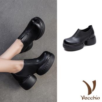 【VECCHIO】真皮厚底粗跟V口寬楦樂福鞋/真皮頭層牛皮厚底粗跟V口百搭寬楦樂福鞋 女鞋 黑